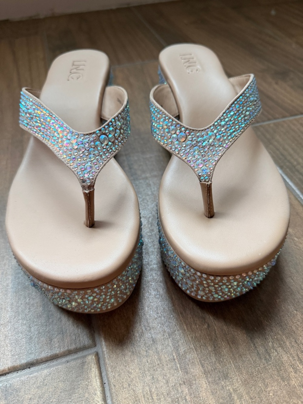 INC International Concepts Nude Crystal Embellished Wedge Sandals - Picture 3 of 11